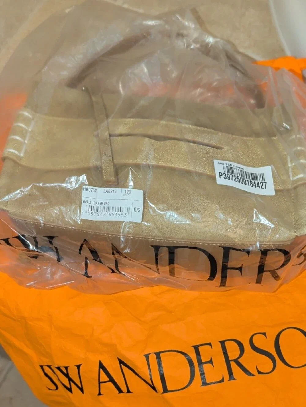 JW Anderson Small Loafer Bag Waxed Tan Gold Suede